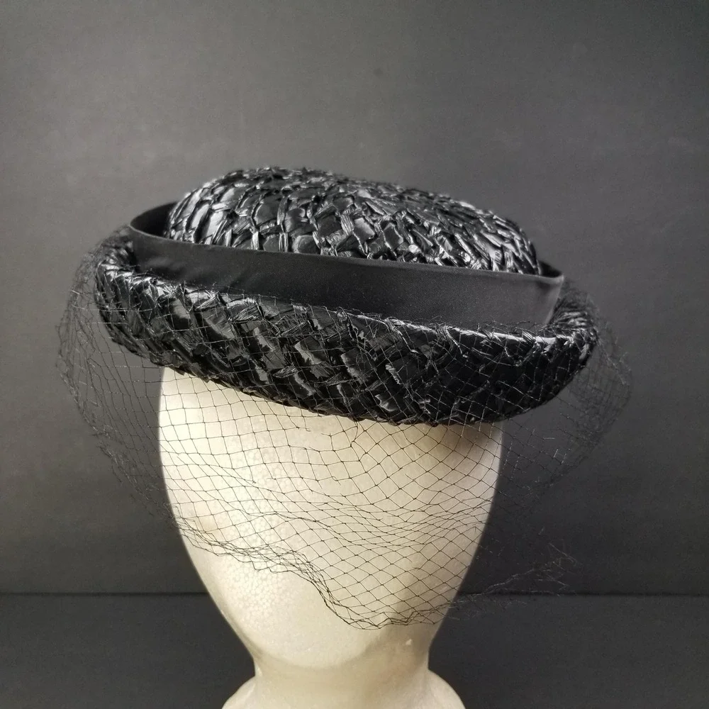 Michelle Vintage Black Woven Pillbox Hat‎ with Birdcage Veil Kentucky Derby